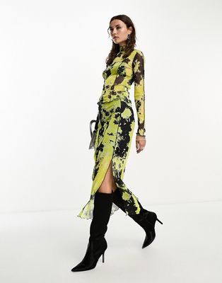 Object lettuce edge maxi skirt in mixed lime print - part of a set-Black
