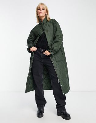 Object onion quilted midi coat in khaki-Green