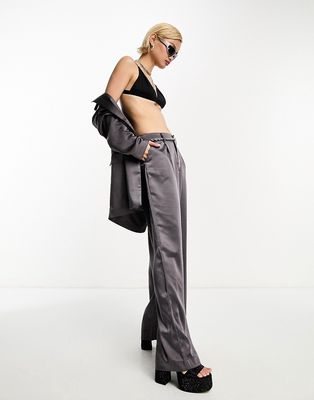Object satin tailored wide leg pants in mauve - part of a set-Gray