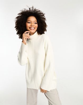 Object super soft longline high neck sweater with seam detail in cream-White
