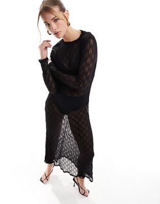 Object textured sheer long sleeve maxi dress in black
