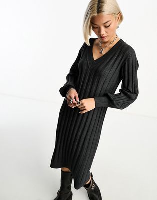 Object v neck knitted ribbed sweater dress in dark gray