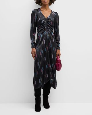 Odessa Ruched Abstract-Print Silk Midi Dress