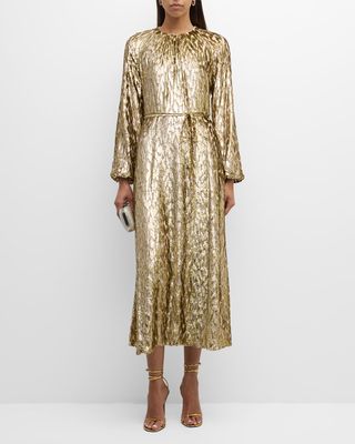 Odina Blouson-Sleeve Metallic Midi Dress