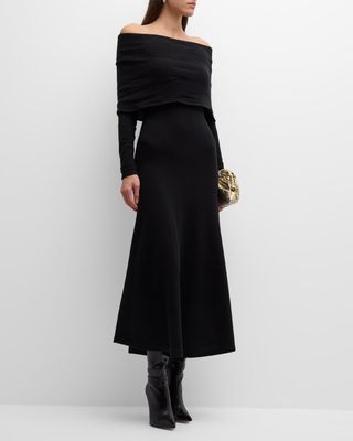 Off-Shoulder A-Line Cashmere Midi Dress