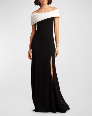 Off-Shoulder A-Line Crepe & Taffeta Gown