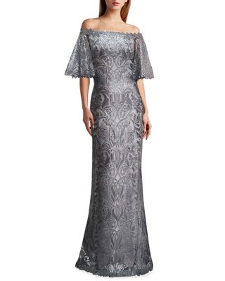 Off-Shoulder Bell-Sleeve Sequin Lace Gown