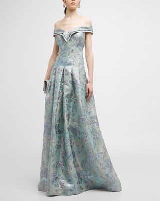 Off-Shoulder Box Pleat Floral Jacquard Gown