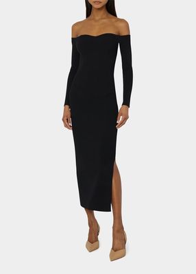 Off-Shoulder Bustier Rib Midi Dress