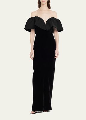 Off-Shoulder Column Gown with Ruffle Detail