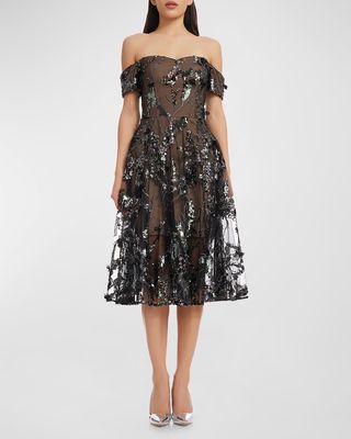 Off-Shoulder Embroidered Sequin Midi Dress