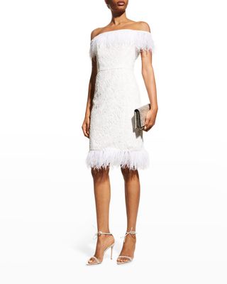 Off-Shoulder Feather-Trim Lace Dress