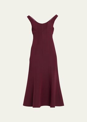 Off Shoulder Fitted Pleated Midi Dress