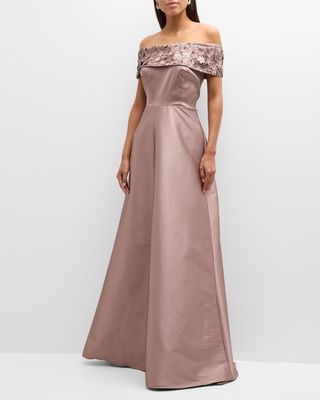 Off-Shoulder Floral Applique A-Line Gown