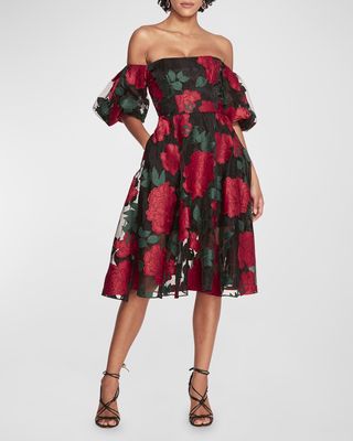 Off-Shoulder Floral Applique Midi Dress