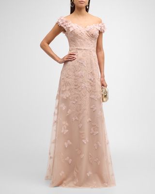 Off-Shoulder Floral-Embroidered Tulle Gown
