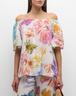Off-Shoulder Floral-Print Linen Blouse
