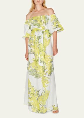 Off-Shoulder Floral Print Maxi Dress with Tie Belt