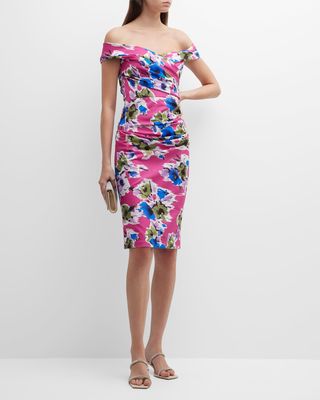 Off-Shoulder Floral-Print Scuba Midi Dress
