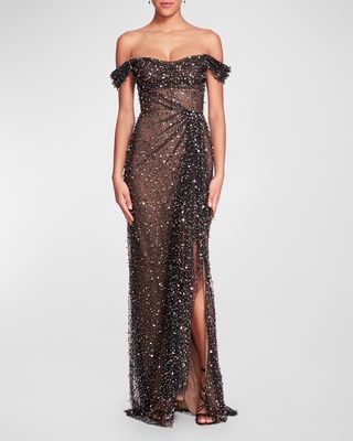 Off-Shoulder Illusion Gown with Multicolor Crystal and Sequin Details