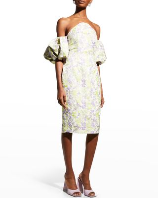 Off-Shoulder Jacquard Puff-Sleeve Midi Dress