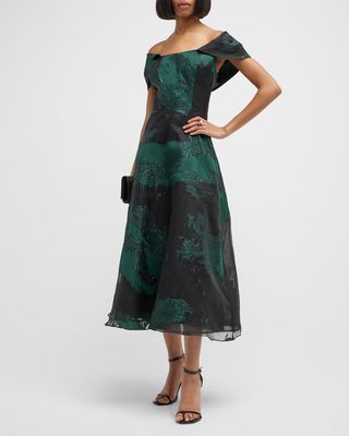 Off-Shoulder Metallic Jacquard Midi Dress