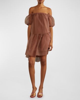 Off-Shoulder Puff-Sleeve Organza Midi Dress