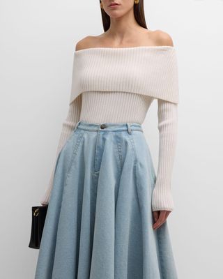 Off-Shoulder Ribbed Wool Cashmere Sweater