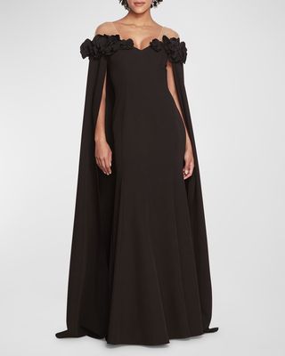 Off-Shoulder Ruffle Cape Gown