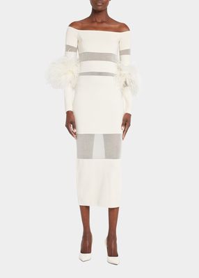 Off-Shoulder Sheer Feather-Sleeve Midi Dress