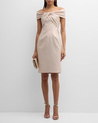 Off-Shoulder Twist-Front Shimmer Midi Dress