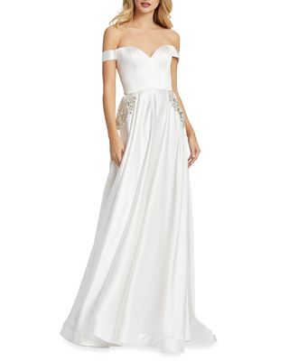 Off-the-Shoulder Embellished Satin Chiffon A-Line Gown