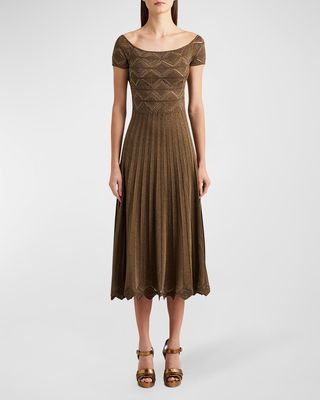 Off-The-Shoulder Metallic Pleated Knit Midi Dress