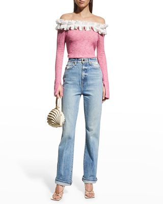 Off-The-Shoulder Pleated Cropped Sweater