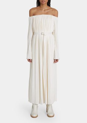 Off-the-Shoulder Pleated Silk Dress