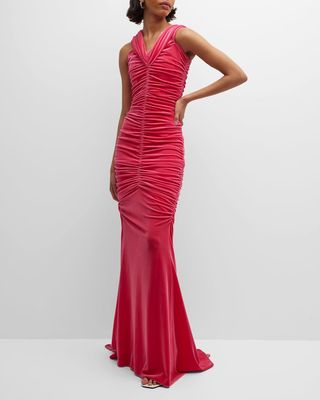 Off-The-Shoulder Ruched Velour Gown