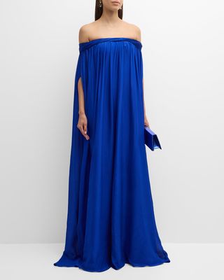 Off-The-Shoulder Silk Chiffon Waterfall Gown