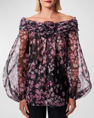 Off-The-Shoulder Twisted Flower Chiffon Top