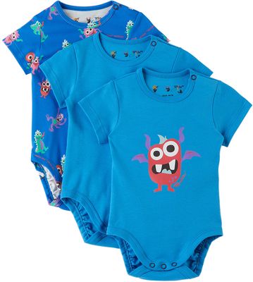 Off-White Baby Three-Pack Blue Monster Bodysuits