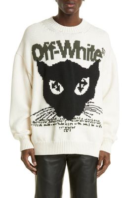 Off-White Cat Intarsia Cotton Blend Crewneck Sweater in Off White Black