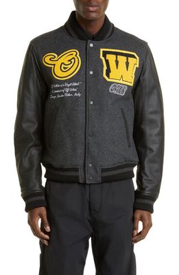 Off-White Cat Wool Blend & Leather Varsity Jacket in Black Yellow