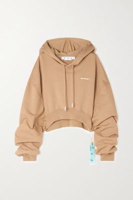 Off-White - Cropped Embroidered Cotton-jersey Hoodie - Brown