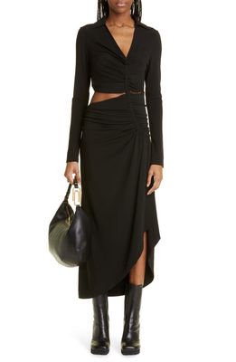 Off-White Cutout Ruched Long Sleeve Draped Midi Dress in Black