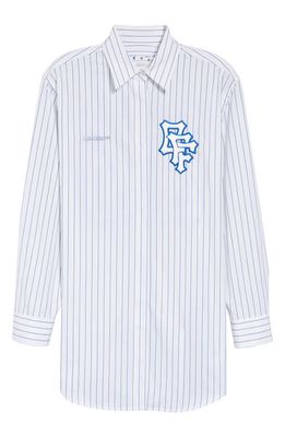Off-White Embroidered Appliqué Stripe Long Sleeve Cotton Poplin Shirtdress in White Blue