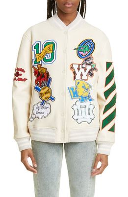 Off-White Embroidered Slogan Patch Wool Blend Varsity Jacket in White Multicolor