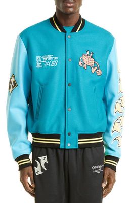 Off-White Embroidered Wool Blend Varsity Jacket in Petrol Blue/Light Blue