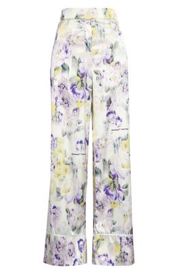 Off-White Floral Print Stretch Satin Palazzo Pants in Light Green Mul