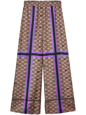 Off-White monogram-print wide-leg silk trousers - Brown