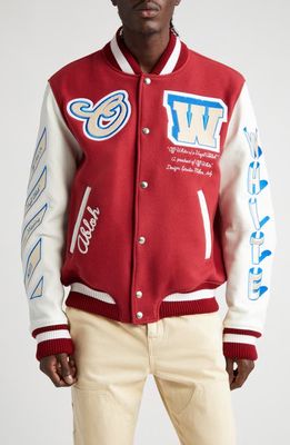 Off-White Onthego Leather & Wool Blend Varsity Jacket in Red /Off White