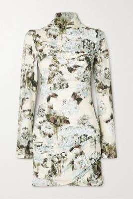 Off-White - Ruched Floral-print Stretch-crepe Mini Dress - Gray